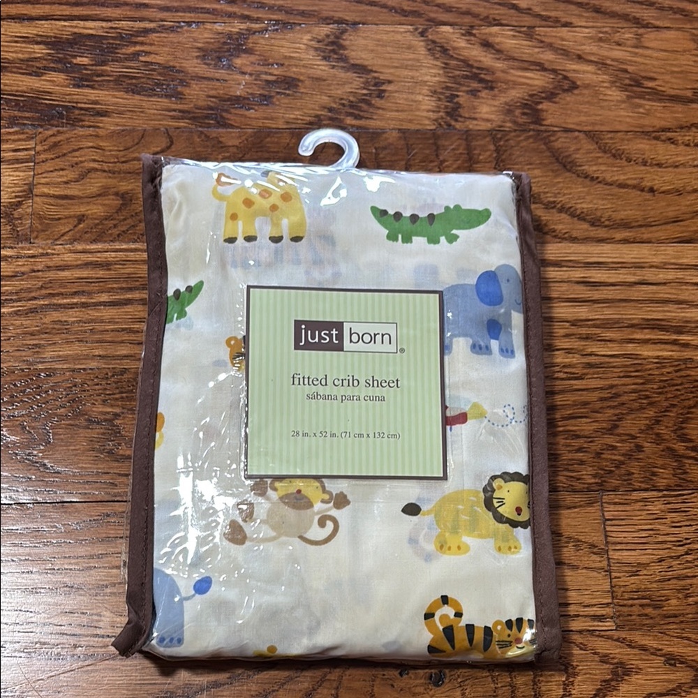Just Born Fitted Crib Sheet with Animal Print NWT